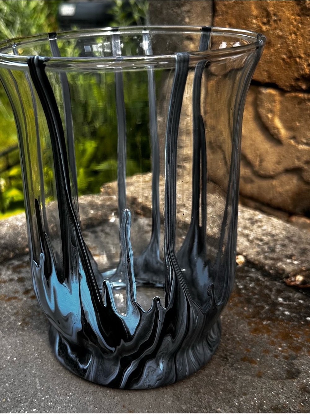 Hand crafted abstract Art Glass Vase with Black Drip Design
